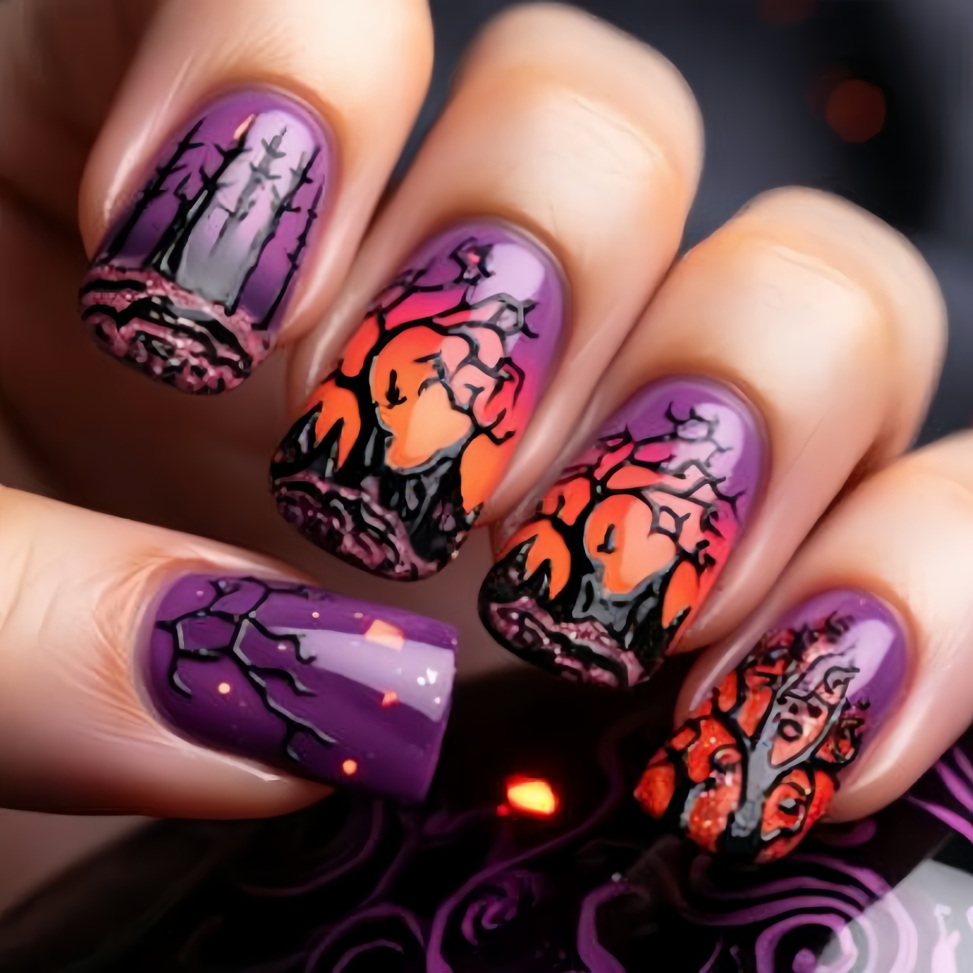 Nail Art Orange - Średnie, kwadratowe sztuczne paznokcie dla kobiet